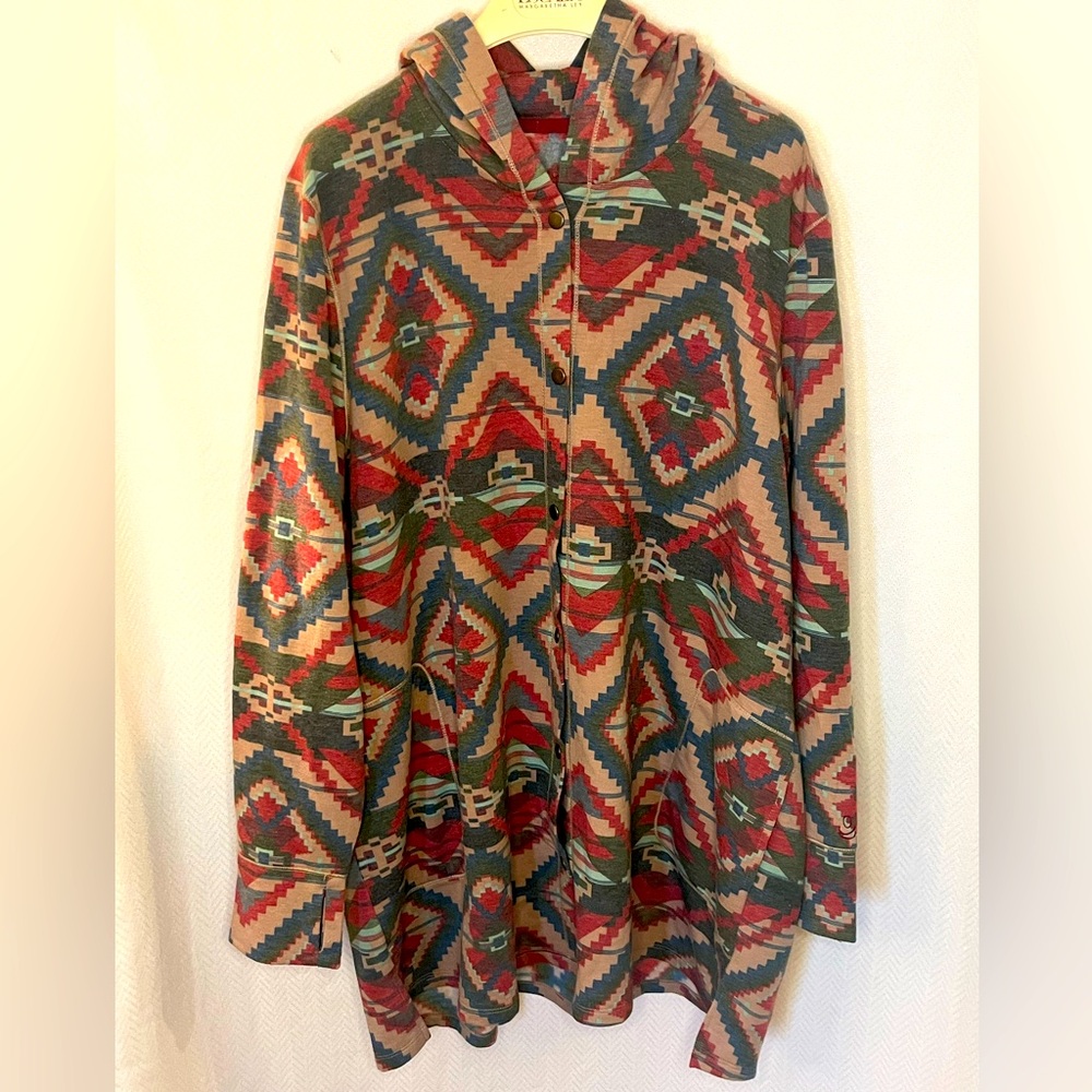 Cuddl Duds Southwest Aztec Colorful Comfort Hooded poncho sweatshirt snap front